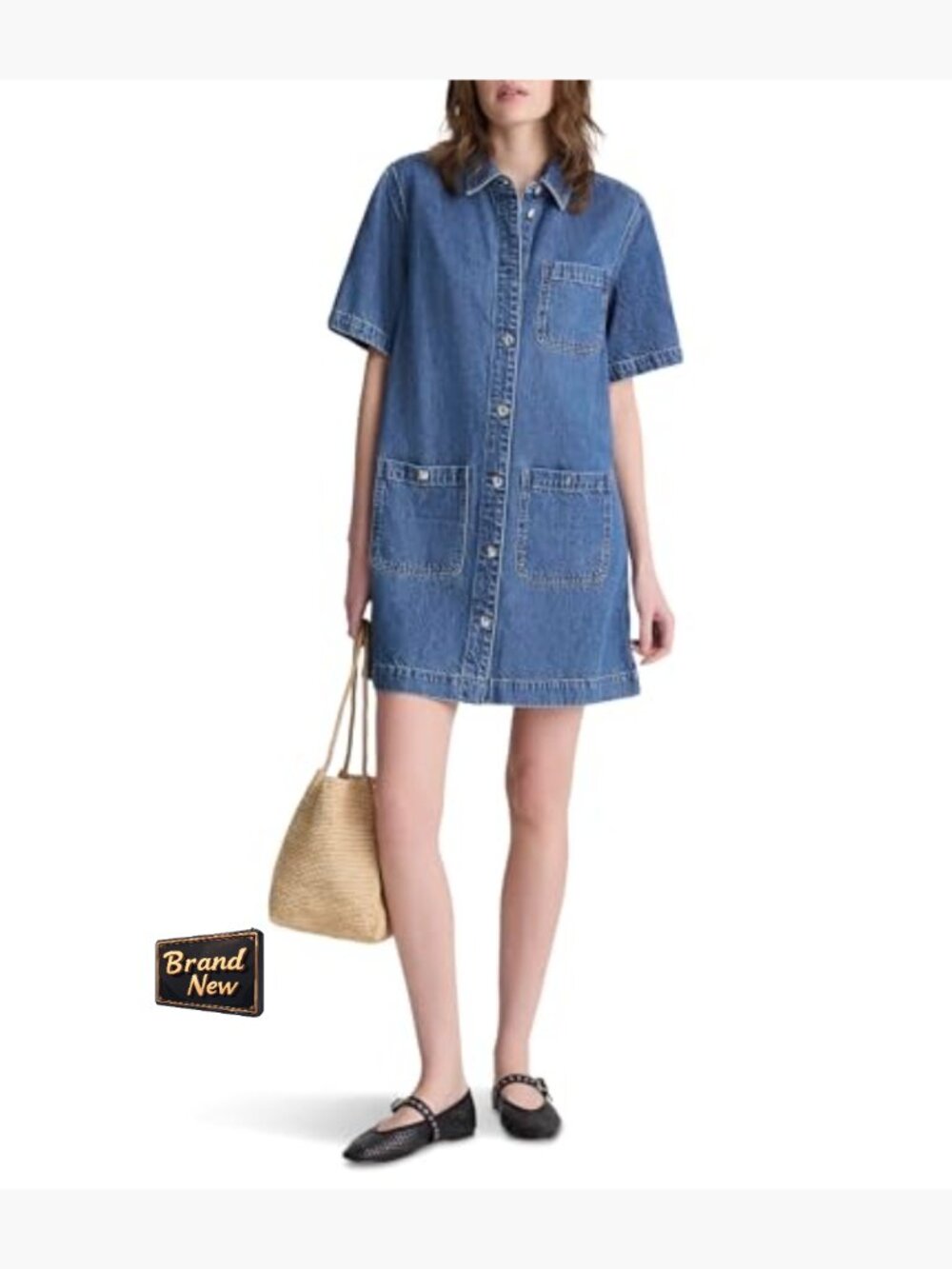 Short sleeve button front mini denim shirt dress with patch pockets - Picture 2 of 5